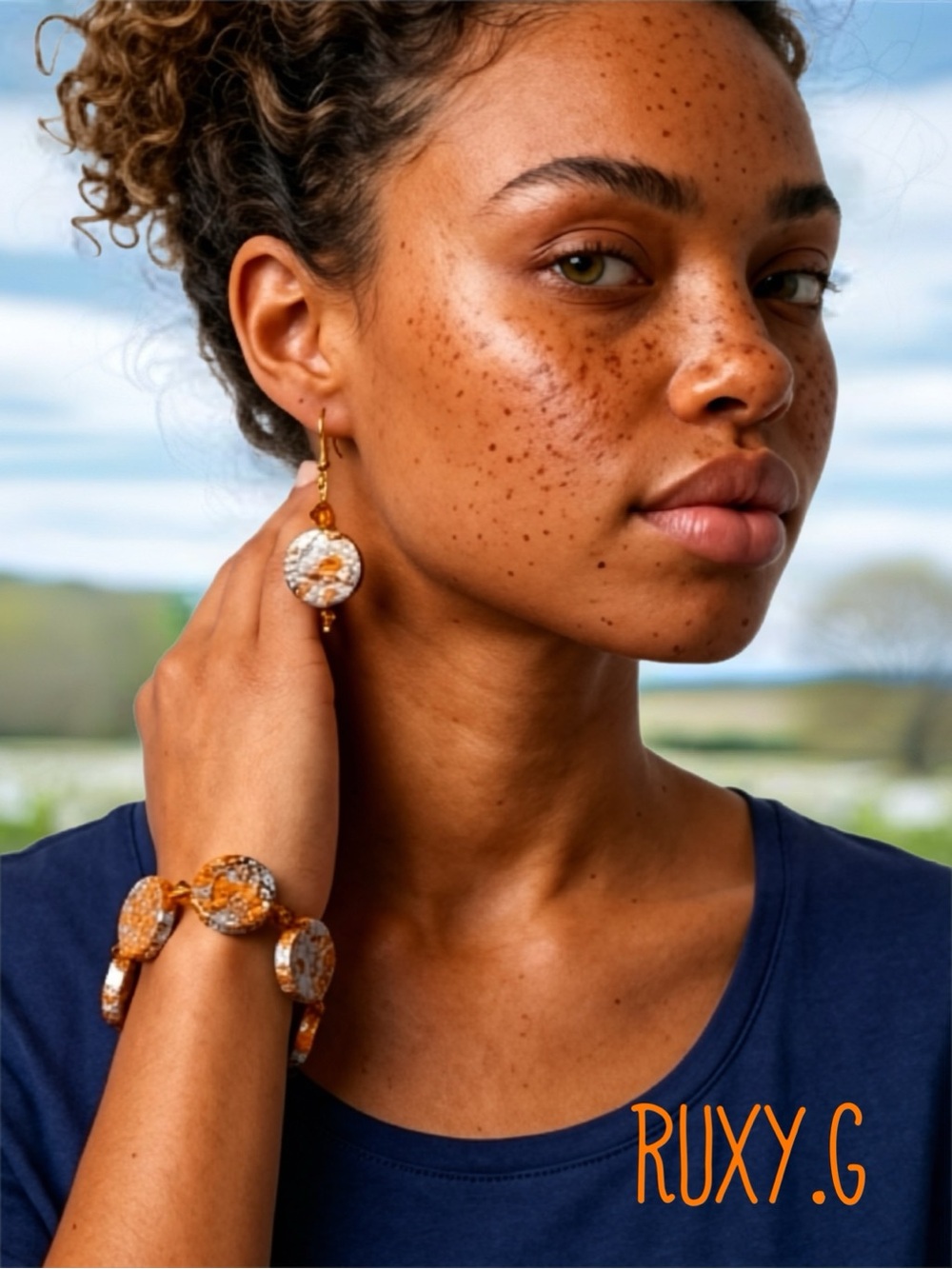 Orange 🍊 & White Mosaic Drop Earrings and Bracelet Set